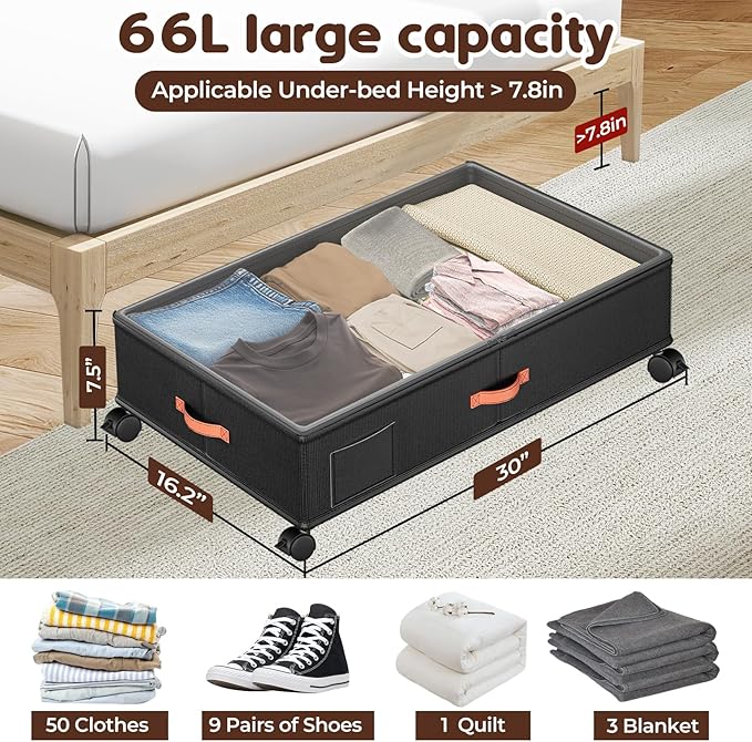 Under Bed Storage with Wheels 2-Pack, Under Bed Storage Containers 66L Clear Lids, Rolling Storage Drawers for Clothes Shoes Blankets, Underbed Organizer Bins(30" L x 16.2" W x 7.5" H)