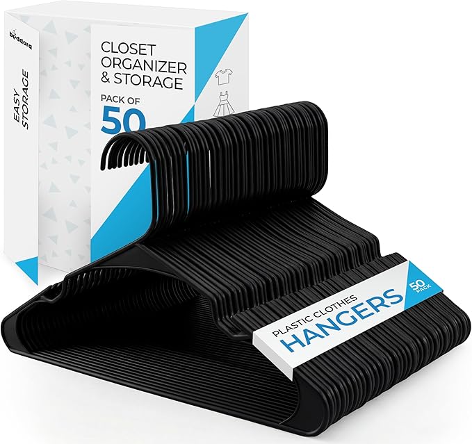 Beddora Plastic Hangers 50 Pack, Black Clothes Hangers for Closet Organization and Storage Space-Saving Design, Kids & Adult Coat Hanger for Suits, Shirt & Percheros Ganchos para Colgar Ropa Hangars