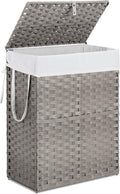 Laundry Hamper with Lid, 90L Foldable Laundry Basket with Removable Liner Bags, Handwoven Synthetic Rattan Clothes Hamper for Bathroom, Bedroom, Laundry Room, Grey