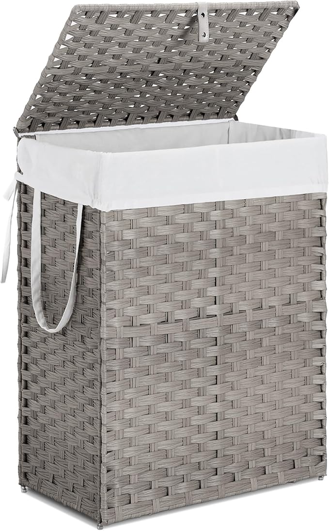 Laundry Hamper with Lid, 90L Foldable Laundry Basket with Removable Liner Bags, Handwoven Synthetic Rattan Clothes Hamper for Bathroom, Bedroom, Laundry Room, Grey