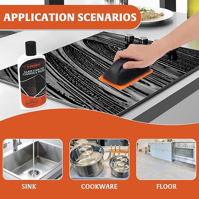20pcs Glass Stove Top Cleaner Kit - 12 oz Cooktop Cleaner Polish, Non-Abrasive No Scratch, Removes Tough Stains, Includes Scrubbing Pad, Scraper & Microfiber Cloth for Smooth Glass Surfaces