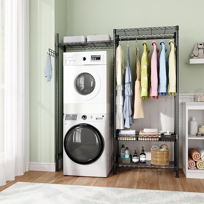 Golpart Over Washer and Dryer Shelves,Laundry Room Storage Organization Clothes Drying Rack,4 Tier Adjustable Height Wire Shelving with Wire Basket,Hanger Rod&Hook,Space Saving Shelf
