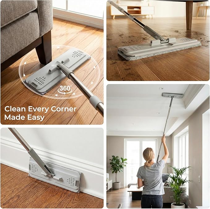 Mop and Bucket Set, Floor Mop and Bucket with Wringer Set, Wet and Dry Mop for Hardwood Floors, Vinyl, Tile, Baseboards and Walls (4 Washable Microfiber Pads Included)
