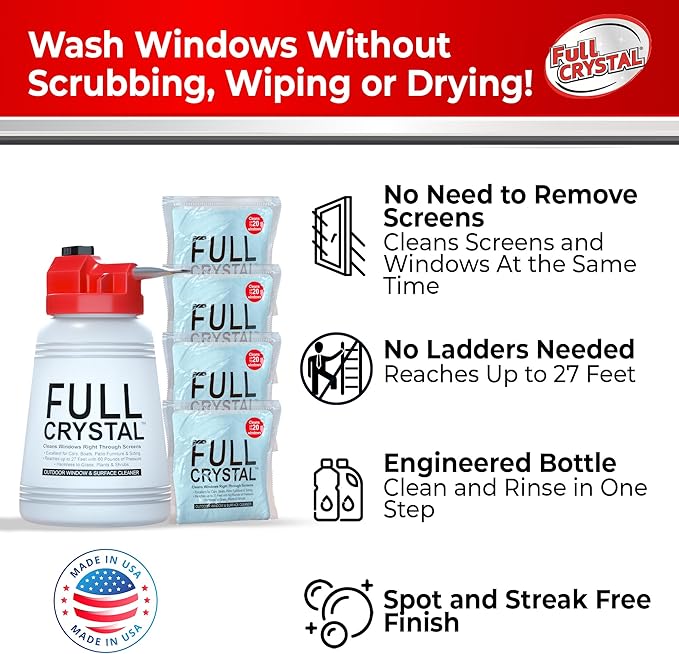 Full Crystal Window Cleaning Kit – 16 oz Glass Cleaner and Bottle with 27 ft Reach, Each 4 oz Bag Makes Up to 640 fl oz, Cleans Up to 80 Windows, Scrub-Free, Rinse-Free