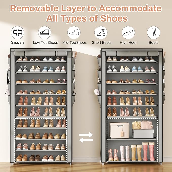VTRIN Tall Shoe Rack with Cover, 10 Tier Shoe Organizer Storage for 50-55 Pairs Shoes and Boots Large Capacity Shoe Shelf with 8 Pockets Free Standing Shoe Rack for Closet, Entryway, Garage, Grey