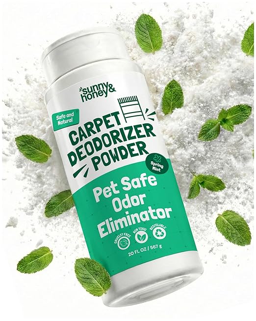 Sunny & Honey Carpet Deodorizer Powder - Pet Safe Freshener for Carpets, Pet Beds and Car Seats - Mint Odor Eliminator for Cat Urine and Wet Dog Smells (20 oz)