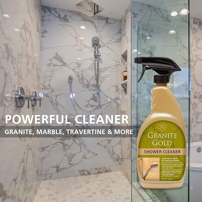 Granite Gold Shower Cleaner Spray for Quartz,Granite,Marble,Ceramic,and Other Stone Tub Surfaces,Made in the USA,24 Ounces,Gold,(Pack of 2)