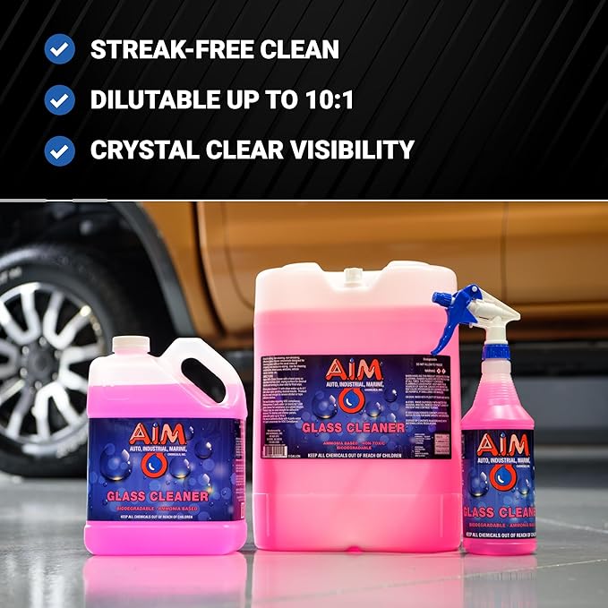 AIM Chemicals Ammoniated Glass Cleaner Concentrate - Streak-Free Shine for Windows, Cars, Homes, Offices - Dilutes 10:1 - Removes Dirt, Grime, Fingerprints - Ideal for Glass Spray Bottles - Quart