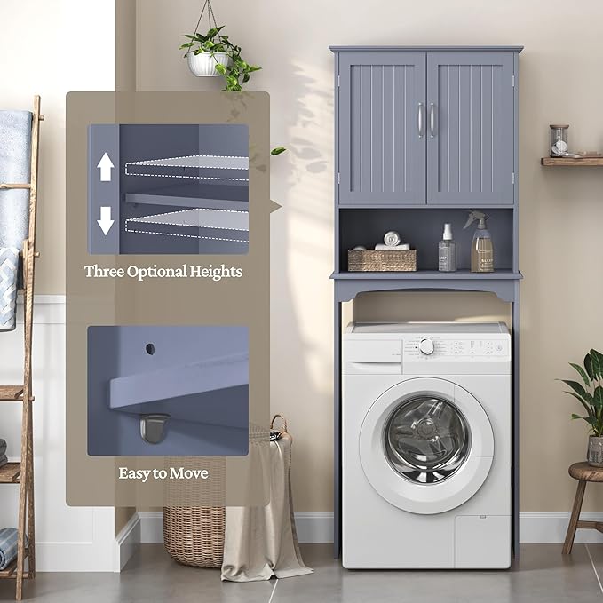 Yaheetech Over The Toilet Bathroom Cabinet with 2 Doors & Adjustable Shelf, Free Standing Toilet Rack Space-Saving, L24.5xW9xH66 Inches, Grey
