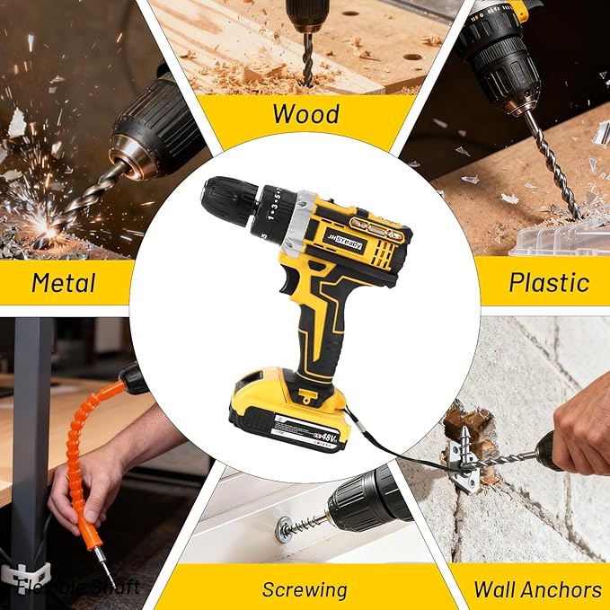 136pcs Heavy-Duty Cordless Drill & Tool Set with 2 Batteries, All-in-One Hand Tool Set，Lithium-Ion Drill Press, Screwdrivers, Bits, Wrenches, Pliers Electric (21V Brushless Drill +2*Battery)