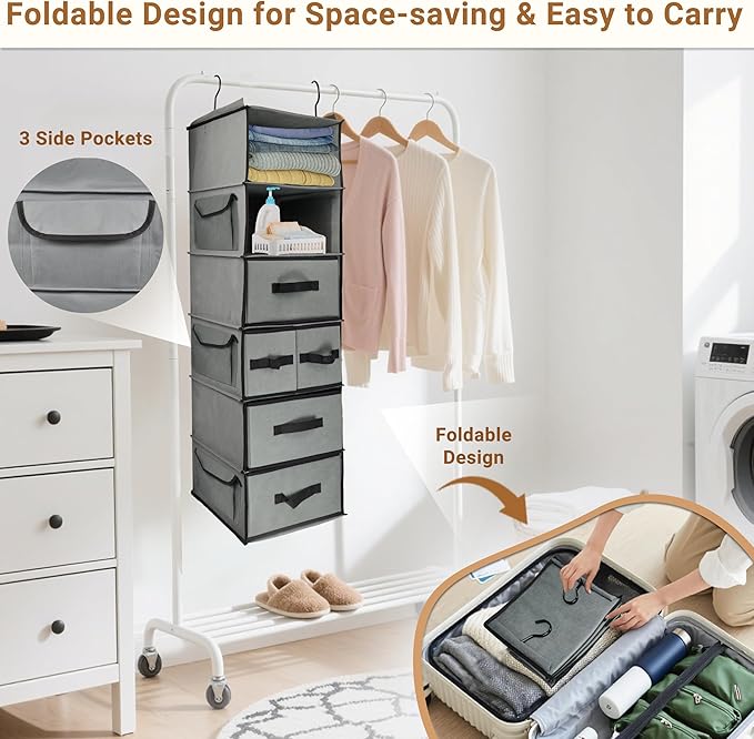 Durable 6-Tier hanging closet organizer with 5 Drawers & 3 Side Pocket,Thickened Fabric Hanging Shelves Holder with Sturdy Hook,Space-saving Storage Organization for Bedroom,Dorm,Guestroom,RV,Bathroom