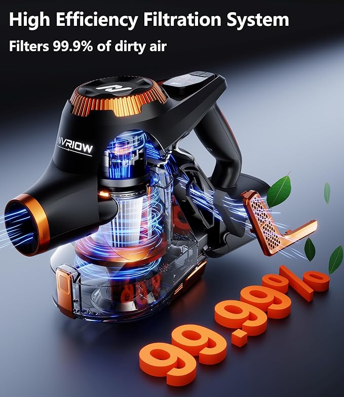 Nvriow Cordless Vacuum Cleaner for Home, 45Kpa Stick Vacuum, Max 80mins Runtime, 1.5L Dust Cup, Rechargeable Lightweight Handheld Vacuum for Carpet/Hardwood Floor/Pet Hair/Car (Sunset Orange)