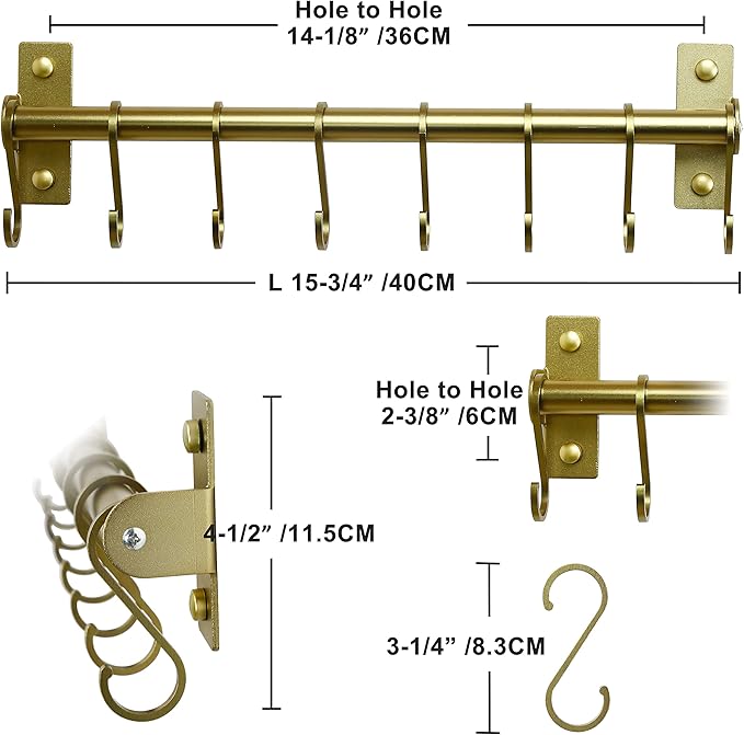 Dseap Kitchen Utensil Holder Hanger, Pot and Pan Rack Wall Mounted, Kitchen Rail with 8 Hooks for Hanging Cooking Utensils, Mugs, Spoons, Wall Mounted, Champagne Color