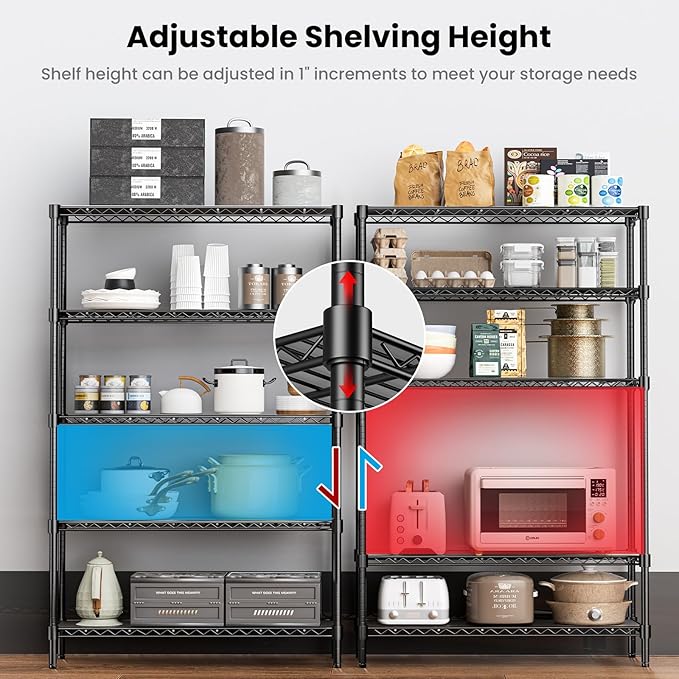 45" W Storage Shelves 5 Tier Wire Shelving, Adjustable Metal Shelving Unit with Shelf Liners, 1875LBS Heavy Duty Storage Rack for Garage Pantry Kitchen Commercial, 45" W x 16" D x 72" H, Black