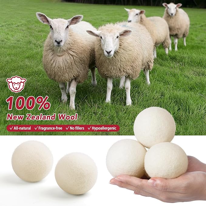 100% New Zealand Wool Dryer Balls L Size – 6 Pack, Organic & Chemical-Free Fabric Softener, Baby Safe & Hypoallergenic, Reduces Static, Wrinkles & Drying Time, Reusable for 1000+ Loads