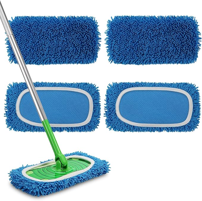 Set of 4 Reusable Microfiber Mop Pads Compatible with Swiffer Sweeper, Dry Sweeping Cloths, Washable Wet Mopping Cloth Refills for Floor Cleaning (Mop is Not Included) (4 Pack, Blue)