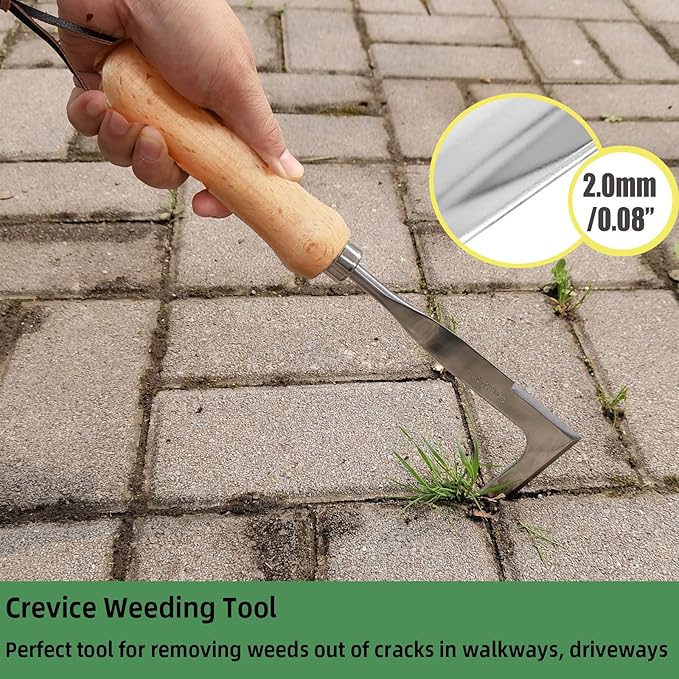 Crack Weeder, Crevice Weeding Tool with Upgrade Sharp Hook Point, L-Shaped Weed Puller Tool with Beech Wood Handle, Efficient Manual Weeder for Sidewalk, Paver, Narrow and Wall Gaps