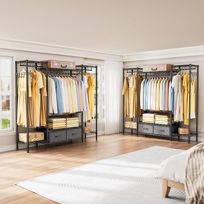 Golpart Coat Rack Clothes Wardrobe：Closet Organizer and Storage Clothing Garment Rack with Shelves Heavy Duty for Hanging Clothes Portable Adjustable Black 15.8" DX56.8 WX76.5 H