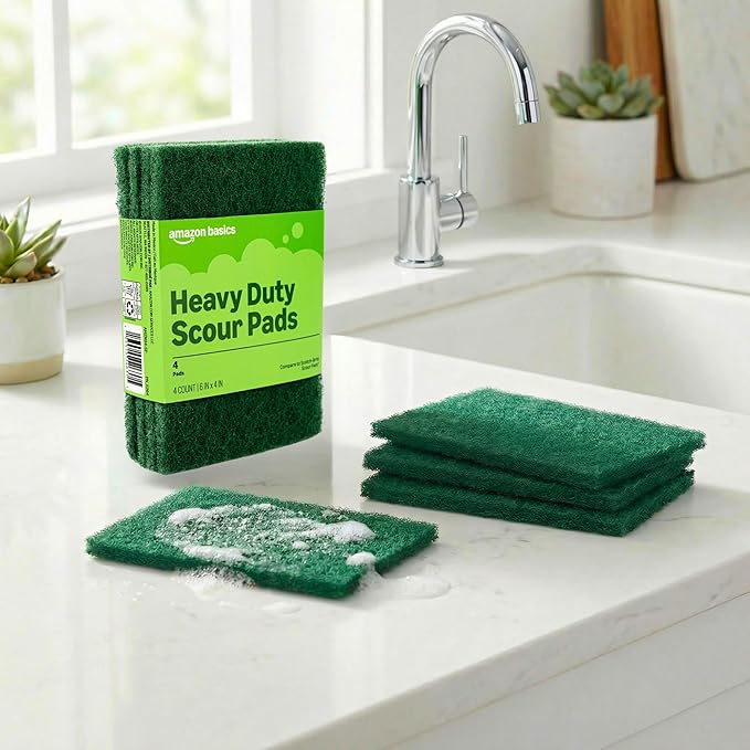 Amazon Basics Heavy Duty Scour Pads, Dish Scrubber for Kitchen + Outdoor, 4 Count, Pack of 1