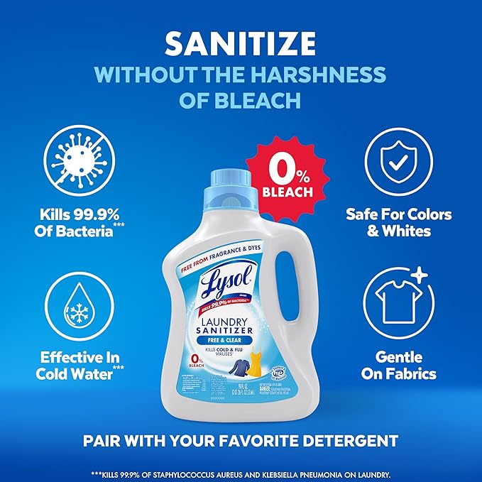 Lysol Laundry Sanitizer Additive, Free & Clear, Free from Fragrance and Dyes, 0% Bleach Laundry Sanitizer, Bacteria-causing Laundry Odor Eliminator, Unscented, 90 Fl Oz (Pack of 1) - Package May Vary