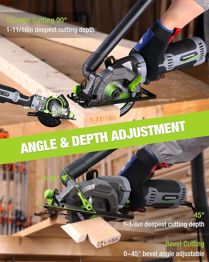 WORKPRO 5.8Amp 3500RPM Circular Saw with Parallel Guide, Maximum Cutting Depth 1-11/16?(90°),1-1/8?(45°), Compact Circular Saw with Three 4-1/2" Blades for Wood, PVC, Tile, Cement Block