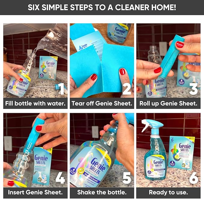 Genie Sheets Bathroom Cleaner | Concentrate Makes 6 24oz Refills | Professional-Strength | Just Add Water | Sustainable Eco-Friendly Plant-Based Solution | 6 Sheets
