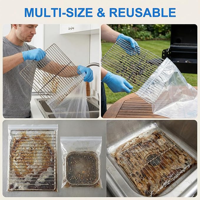 6-Pack Oven Rack Cleaning Bags (4 Large + 2 XL) with Gloves, Reusable Heavy-Duty Leak-Resistant Soak Bags for Deep Cleaning Oven Racks & Grill Grates, No Cleaner Included