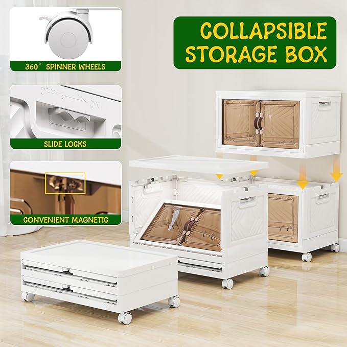Storage Bins with Lids and Wheels, 90QT-45QT*2Tier Collapsible Bathroom Storage Cabinet with Clear Doors, Plastic Stackable Closet Organizers and Containers White