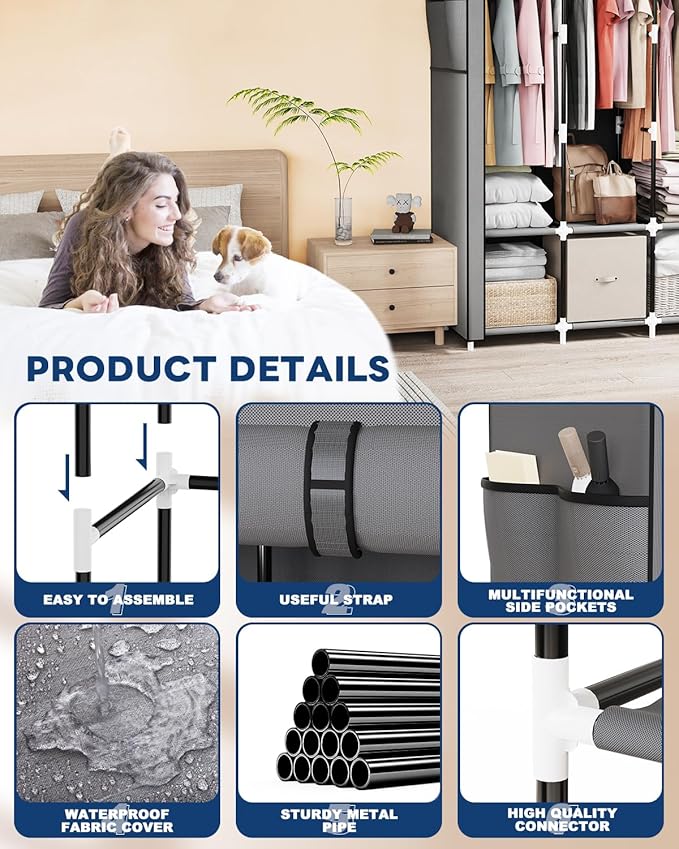 Mavivegue Portable Closet, 50 Inch Wardrobe Closet, Portable Closets for Hanging Clothes with 3 Hanging Rods and 6 Storage Shelves for Bedroom, Gray