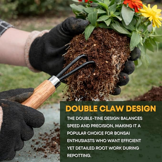 Garden Helper Double Claw Root Hook for Plants - Bonsai Repotting Tool - Heavy Duty Hardened Steel Blade with Ergonomic Wood Handle
