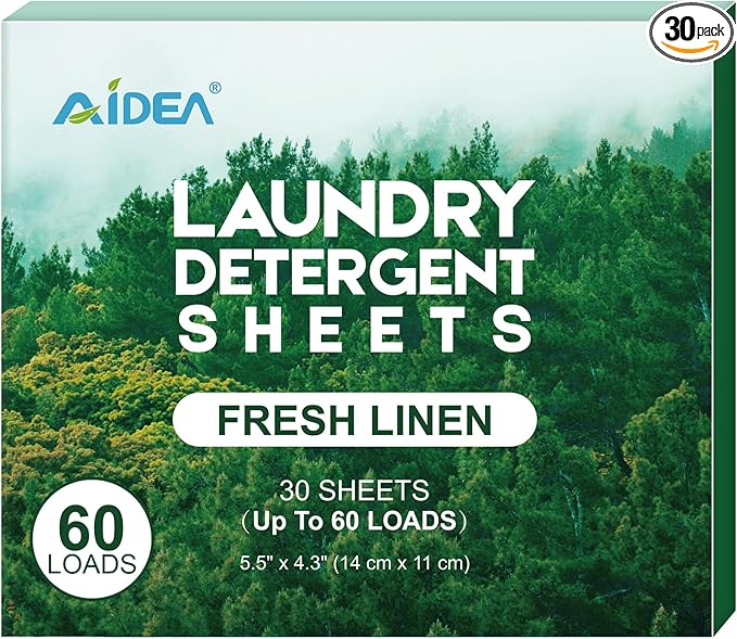 AIDEA Laundry Detergent Sheets, Fresh Linen Scent-(60 Loads) 30 Sheets, Eco-Friendly Laundry Detergent, No Plastic Jug, Lightweight, Easy To Use For Travel