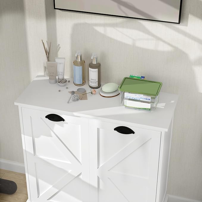 Two-Compartment Tilt-Out Laundry Sorter Cabinet with Removable Cloth Bags,Laundry Room Organization,UV Painting Cabinet for Laundry Room,Bathroom,Utility Room-White