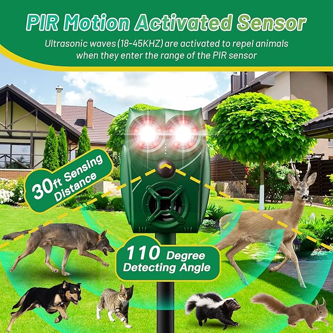 Solar-Powered Ultrasonic Animal Repellent with Motion Sensor, Waterproof Cat Deterrent with LED Flashing Lights, Perfect for Outdoor Yards, Effective to Repel Cats, Dogs, Coyotes, Raccoons, and Deer.