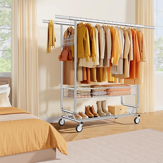 Gewudraw Heavy Duty Clothes Rack with Metal Basket, 1060 LBS Rolling Double Rod Garment Rack, Portable Extendable Clothing Rack with Wheel for Bedroom, Laundry Room & Retail Store