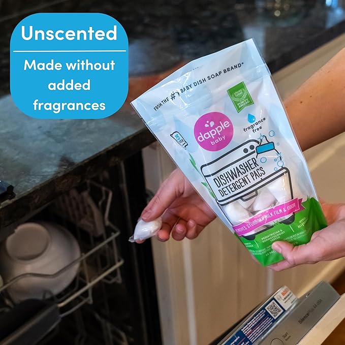 Dapple Baby Dishwasher Pacs, Hypoallergenic Dishwasher Pods Powered by Plants, Removes Milk Residue & Odor on Dishes, Baby Bottles & Kitchenware, Fragrance Free, 25 Count (Pack of 1)