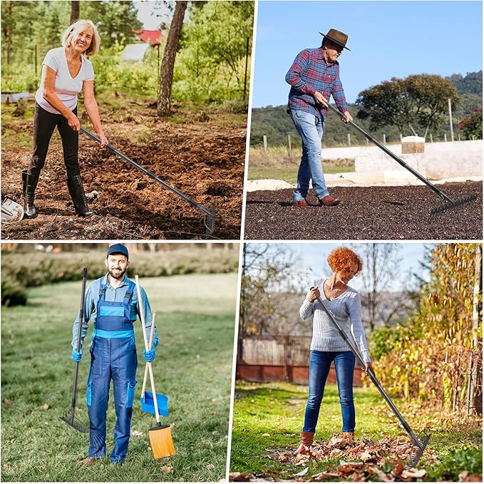 60'' Heavy Duty Garden Rake with Stainless Steel Handle, Metal Head for Loosening Soil, Gathering Leaves, Leveling Lawns