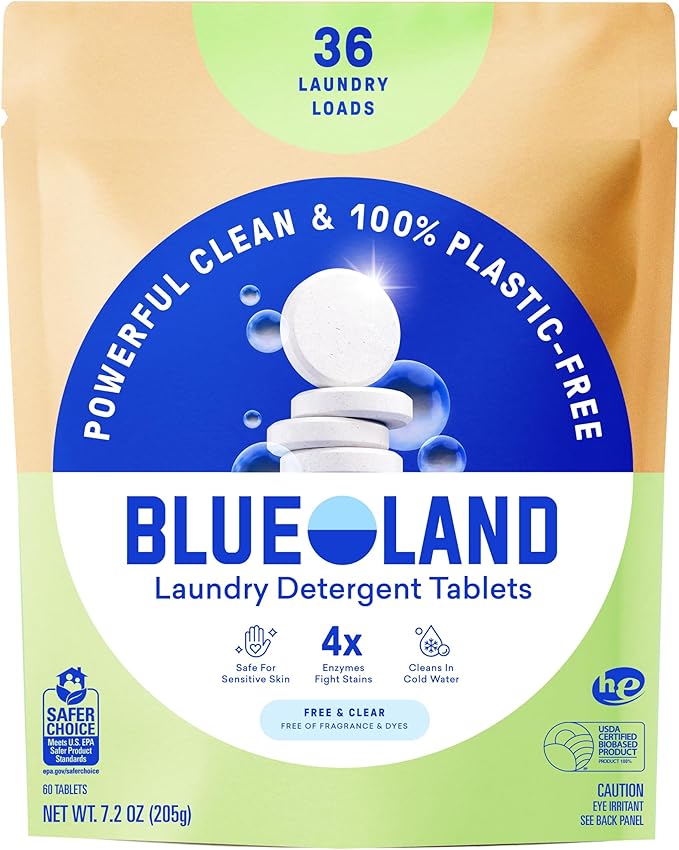 BLUELAND Laundry Detergent Tablets, 36 Count, Plastic-Free Eco-Friendly Pods, Sheets, Liquid Alternative - Fragrance Free and Clear, Natural, Gentle