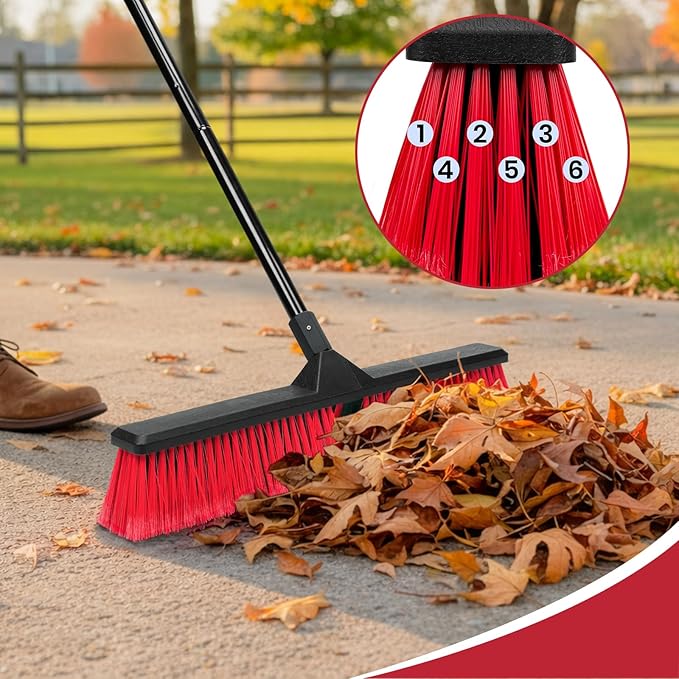 24" Push Broom with 63" Long Handle, Heavy Duty Broom for Floor Sweeping, Stiff Bristles Broom Brush for Workshop, Garage, Concrete, Patio and Deck