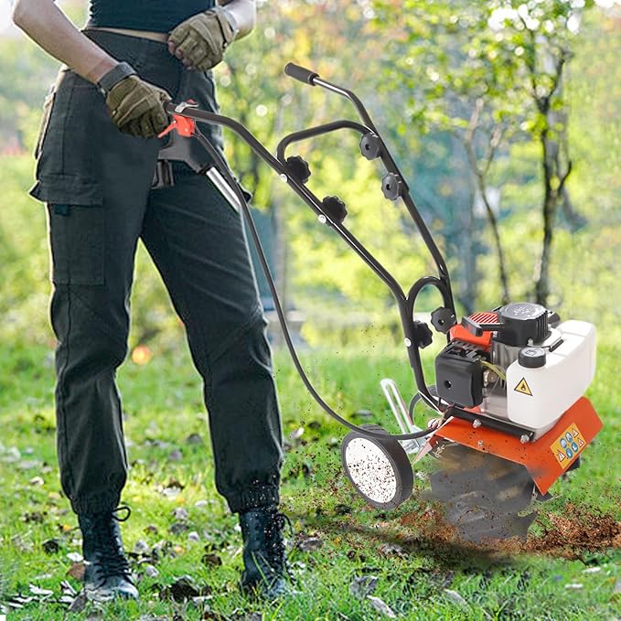 Gas Powered Garden Tiller, 43Cc 2 Stroke Mini Tiller for Gardening, Garden Yard Rototiller Tilling Cultivator Heavy Duty Gasoline Tiller with Goggles for Plow Turn The Soil, 1250W