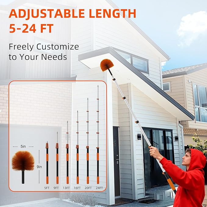 30 FT Reach Cobweb Duster with 5-24 FT Telescoping Pole, Dual Action Flip-Lock & Screw Fixing Design, Washable Reusable Duster for High Ceilings, Fans & Home Cleaning