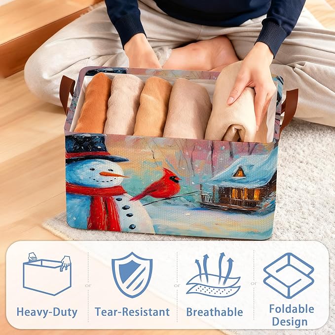 Snowman Christmas Storage Basket with Handles,Red Cardinal Collapsible Rectangle Organizer Bin for Room Decoration Books Box Baskets 17x11.5x10Inch