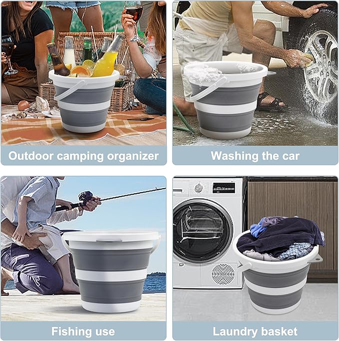 Small Collapsible Bucket 1.3 Gal/5L, BPA-Free - Space-Efficient, Portable Foldable Water Pail for Household, Outdoor Use, Car Wash, Camping, Fishing - Grey, Single Pack