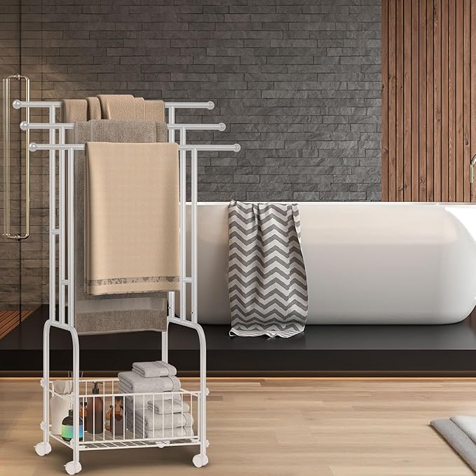 Freestanding Towel Rack for Bathroom, 3-Tier Durable White Metal Stand with Wheels and Basket, Towel Drying Rack, Multi-Use Blanket Rack for Indoor/Outdoor Bathroom