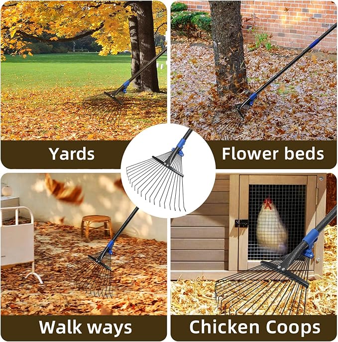 Adjustable Leaf Rake, Heavy Duty Metal Rake for Leaves, Long Handle 30"-90" with Expandable Head 8"-17", Collapsible Small Rakes for Lawns, Gardening, Yard, Camping, Shrub, Grass, Bush, Weed, Debris