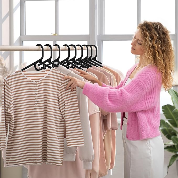 NEATERIZE Thick Heavy Duty Hangers - Black Plastic Clothes Hangers 12 Pack - Great for Coat Hanger, Jackets Jeans & Suit Hanger for Closet - New Apartment Essentials Percheros Ganchos para Colgar Ropa
