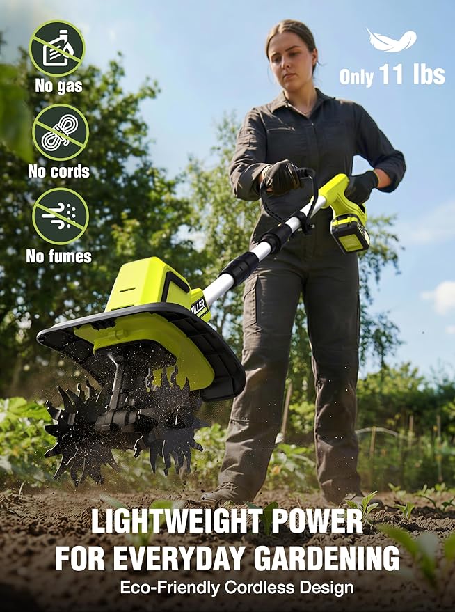 21V Cordless Tiller Cultivator, 400RPM Electric Rototiller with 48 Steel Tines, 4.0Ah Battery & Fast Charger, 8-inch Width 6-inch Depth Garden Tiller, Tiller for Gardening and Soil - Green