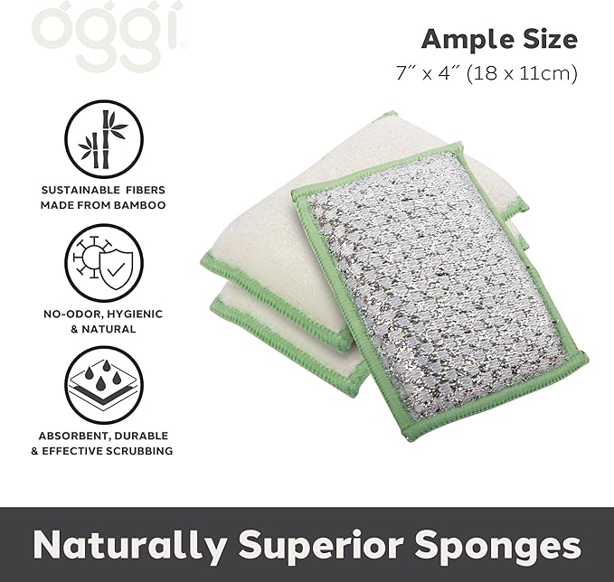 OGGI Bambou Odor-Free Scrubbing Sponges - Natural Scrub Sponges for Dishes, 91% Bamboo-Derived Rayon Cellulose Fiber, Reusable, Absorbent, Durable Scrubbers, Non-Scratch, Washable - 3 pcs, 7x4
