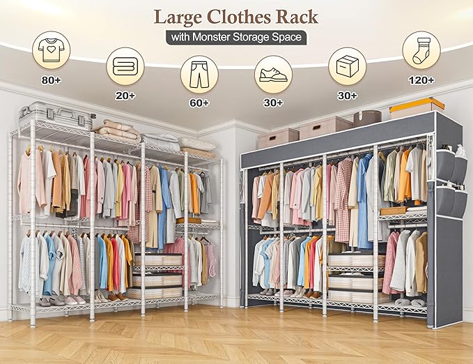 Raybee Clothes Rack with Cover,1100 LBS,Clothing Racks for Hanging Clothes Heavy Duty,Portable Closet with Shelves,Adjustable,White,75.8" W x 17.7" D x 76.9" H