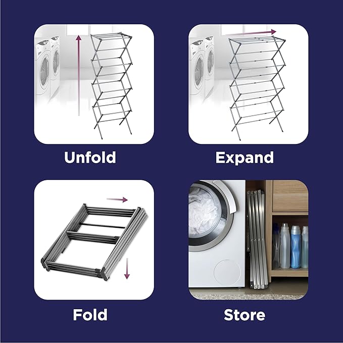 BLACK+DECKER 4-Tier Expandable Collapsible Clothes Drying Rack, Telescopic Height, Foldable Space-Saving Laundry Air Dryer for Towels, Shirts & Delicates – Durable Steel, No Tools Needed