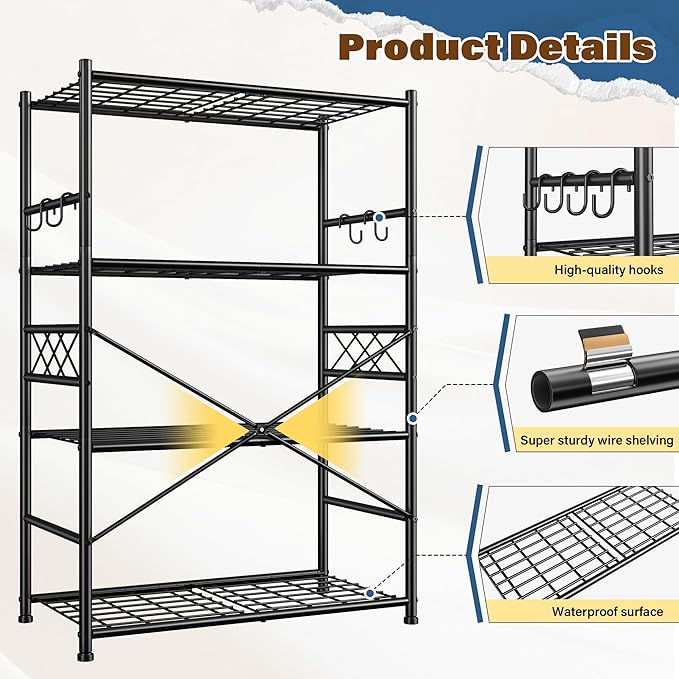 Storage Shelves 4-Tier Large Capacity Metal Shelving with Hooks, Heavy Duty Garage Shelving Unit with Leveling Feet, Stable Metal Shelves for Pantry, Kitchen and Closet,36" W x 12" D x 60" H, Black